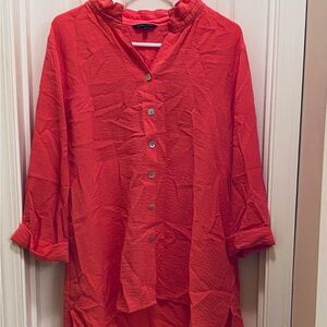 John Mark Hi Low Gauzy Tunic Top Button 3/4 Roll Sleeves Mandarin Collar Comfy